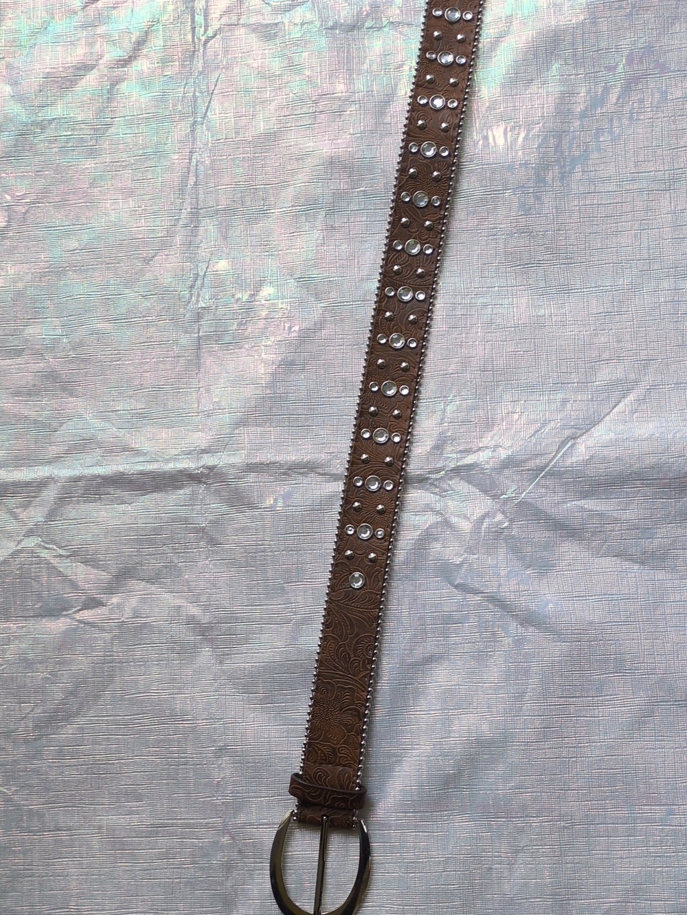 Women's Brown Embossed Leather Belt with Silver Stud Accents